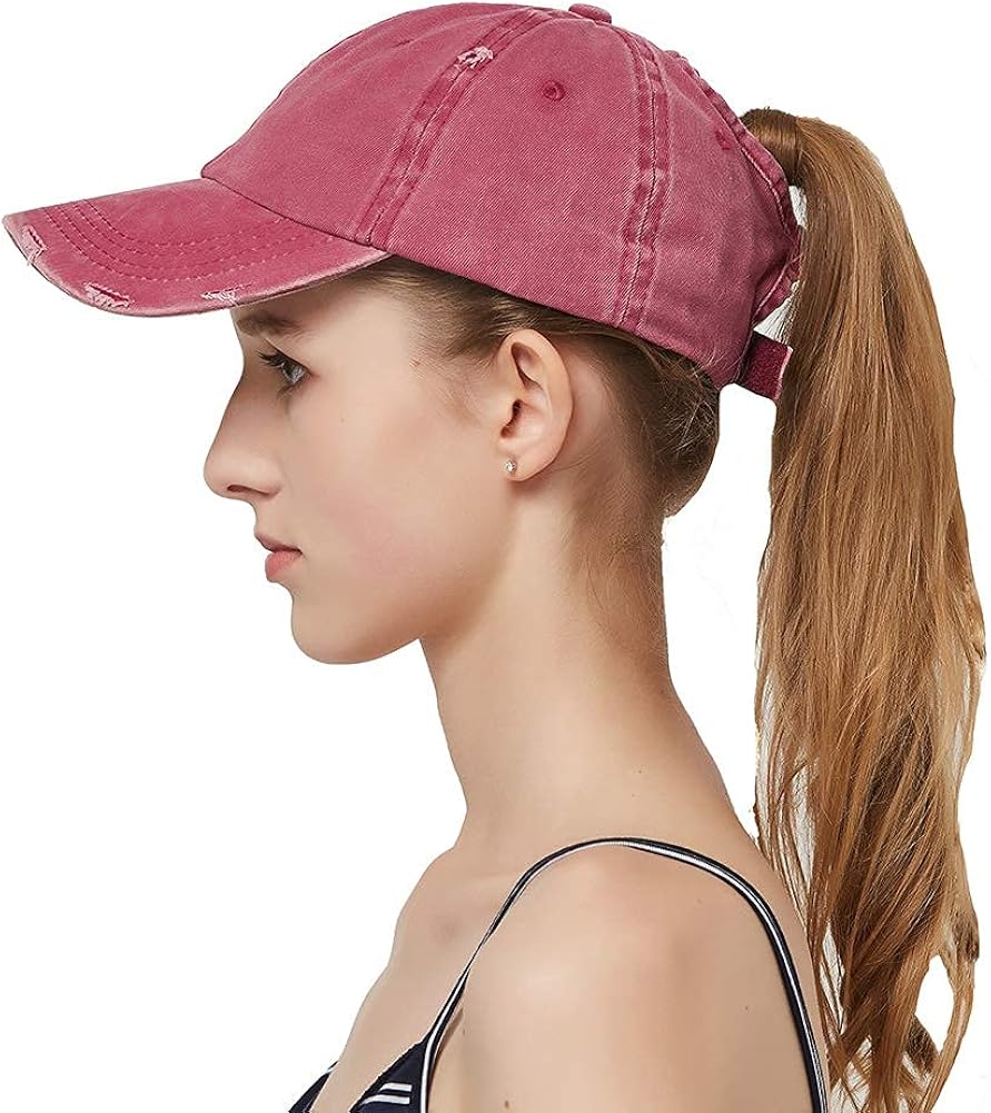 Leotruny Women Washed Cotton High Ponytail Baseball Cap (C06-Distressed Red) at  Women’s Clothing store