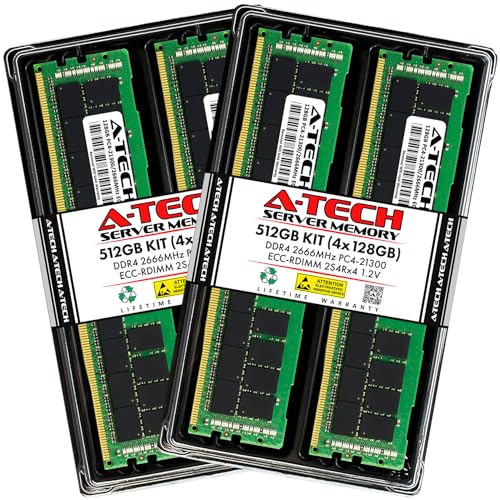 A-Tech 512GB Kit (4x128GB) DDR4 2666MHz PC4-21300 ECC RDIMM 8Rx4 (3DS 2S4Rx4) Octal Rank 1.2V ECC Registered DIMM 288-Pin Server & Workstation RAM Memory Upgrade Modules (A-Tech Enterprise Series)