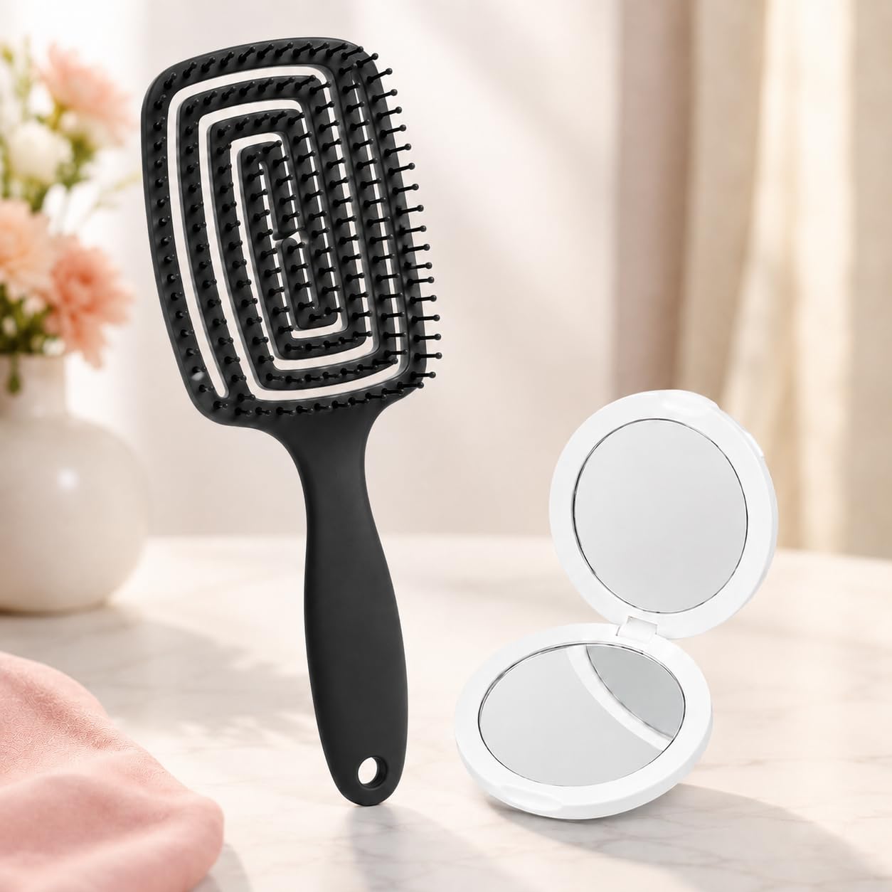 Travel Hair Brush & Compact Mirror Combo for Women | Paddle Detangling Hair Brush with Mini Folding Makeup Mirror | Portable Beauty Essentials for Purse, Handbag, Office & Travel-image-9