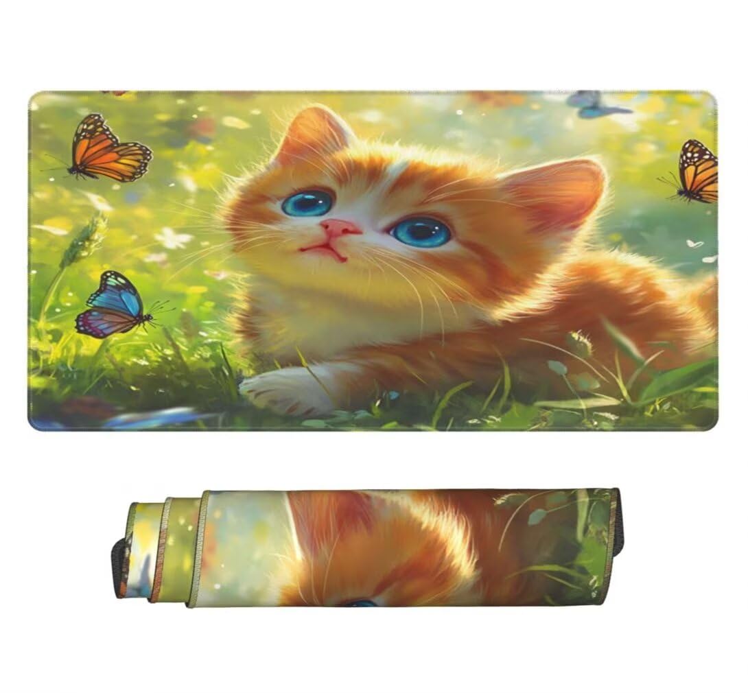 Tappetino Mouse XXL 1200x600mm Gattino Carino Grande Mouse Pad, Tappetino Scrivania con Bordi Cuciti, Grande Mousepad Gaming con Base Antiscivolo per Giocatori, Ufficio e Casa (Farfalla) -MP1536