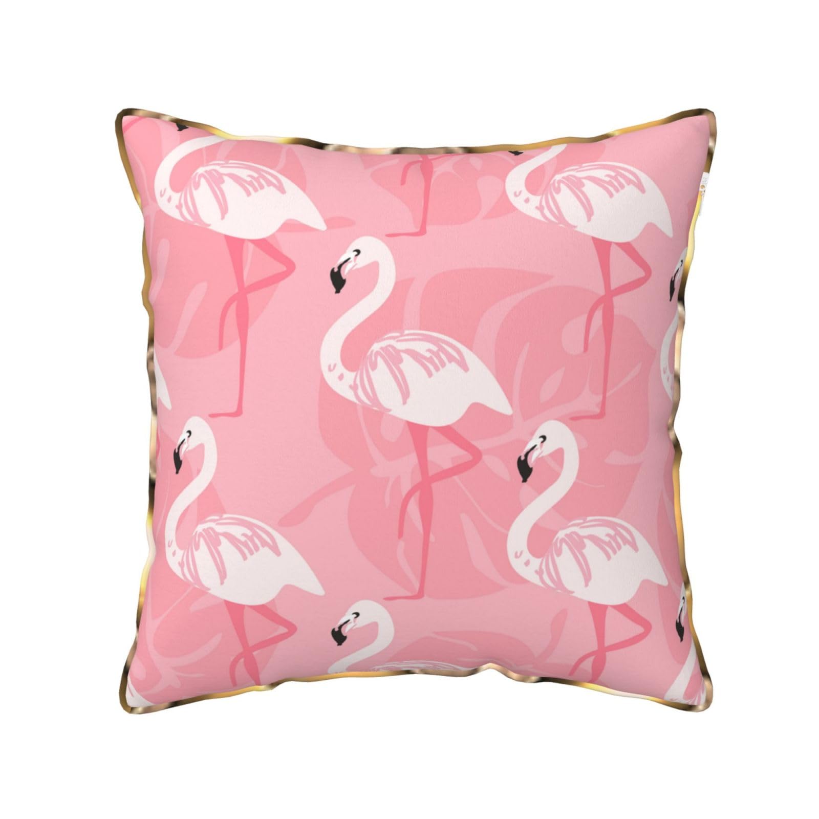 AUBKFELD Flamingo Palm Leaves Printed Velvet Cushion Cover 50x50 CM with Gold Edging Strip, Square Pillowcase Soft Throw Pillow Covers Case Decorative for Living Room Sofa Couch Bed Bench