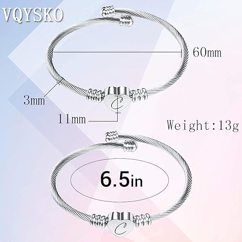Miniatura 5 de VQYSKO Silver Heart Initials Bracelet-A-Z Stainless Steel Engraved Charm Bracelet, Woman Jewelry Birthday Festival Gift