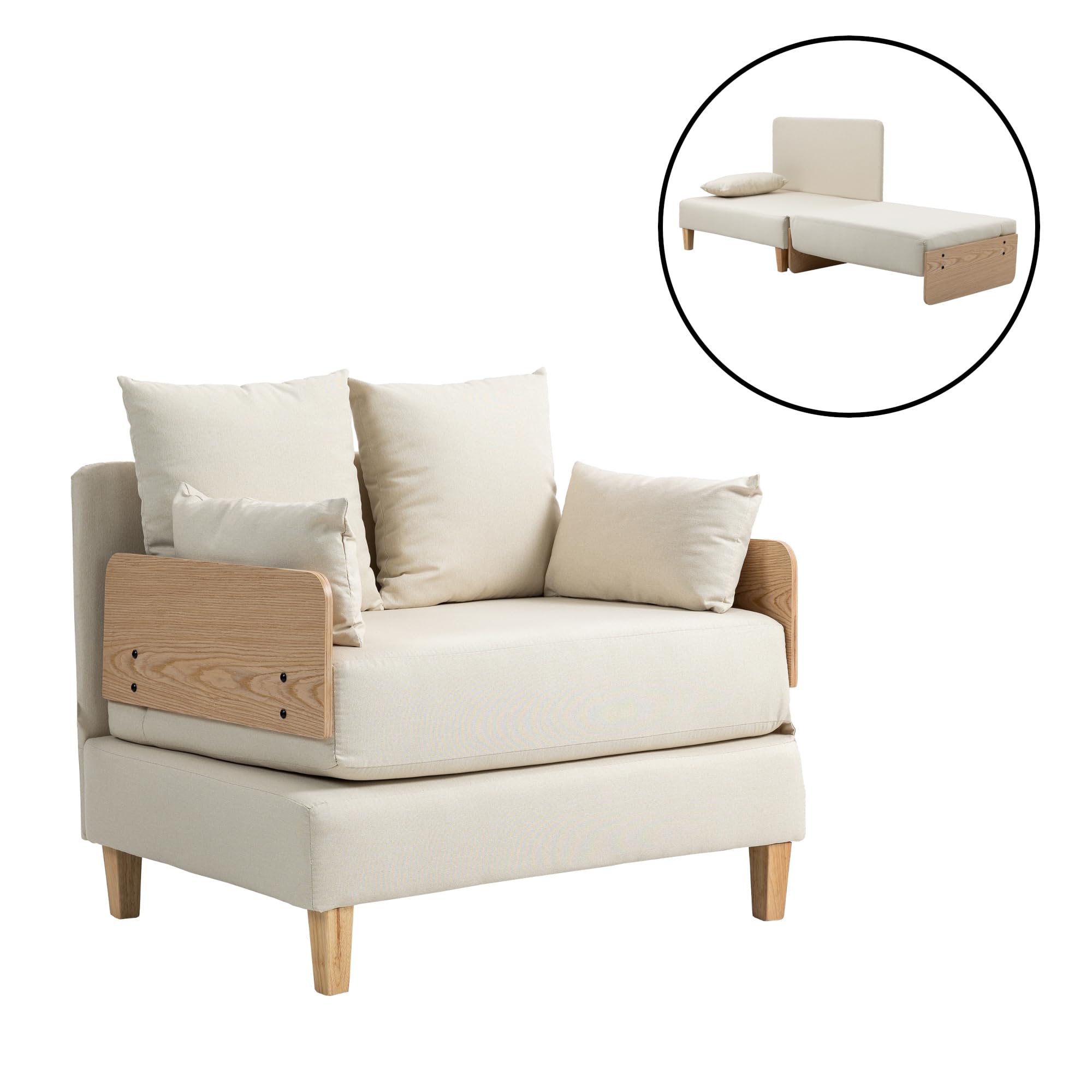 [en.casa] Sillón Covertible para Salón Seinlus Sillón Cama 2 en 1 con 2-2 Cojines Laterales y de Respaldo Butaca Acolchada Funda de Textil 81 x 88 x 68 cm - Beige