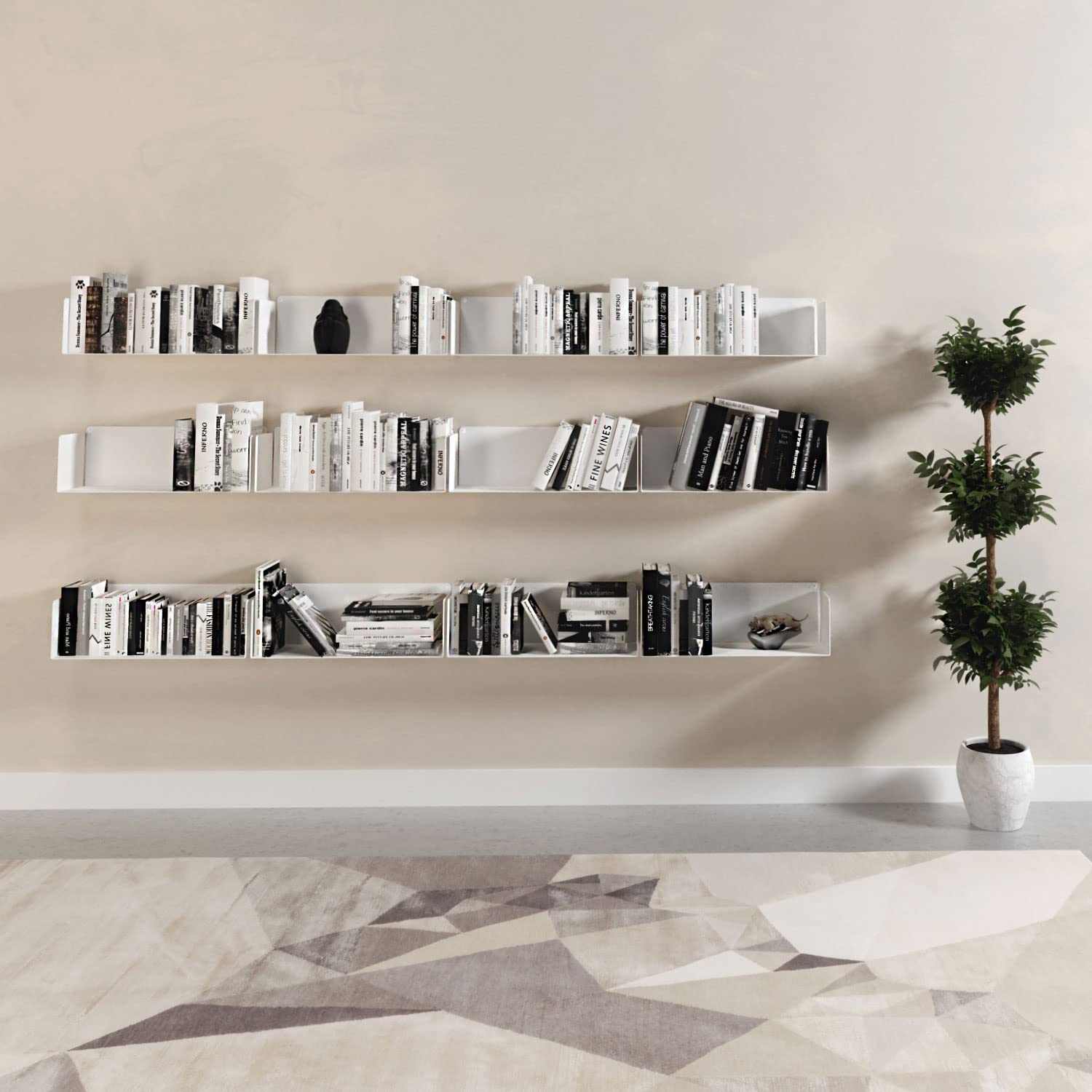 Juego de 6 Estantes Metálicos Flotantes de Pared | Longitud: 45 cm | Estantería Ideal para organización de Libros y Cocina | Acero Lacado al Horno | Fabricado en España (White)