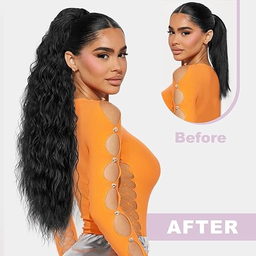 Miniatura 2 de Extensión de cola de caballo de 26 pulgadas de largo, color negro, para mujer, extensiones de cabello sintético largo rizado ondulado con clip, para
