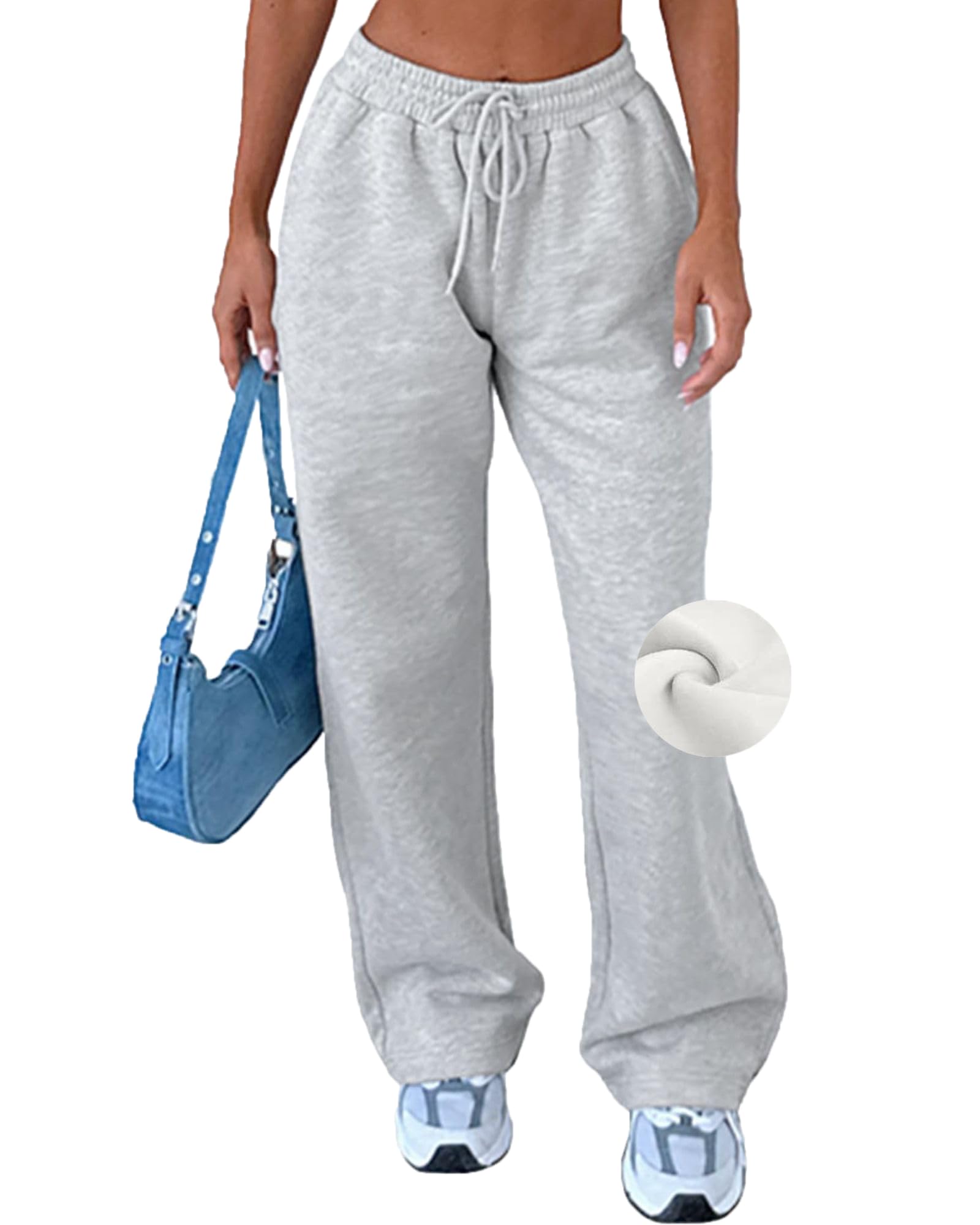 AROGONE Womens Fleece Lined Sweatpants Baggy Straight Wide Leg Drawstring Winter Warm Sweat Pants with Pockets