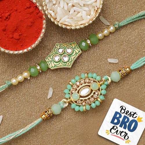 Image of eCraftIndia Set of 2 Multicolor Premium Designer Rakhis with Roli Chawal Pack and Best Bro Ever Fridge Magnet - Rakhi for Brother, Bhaiya, Bhai