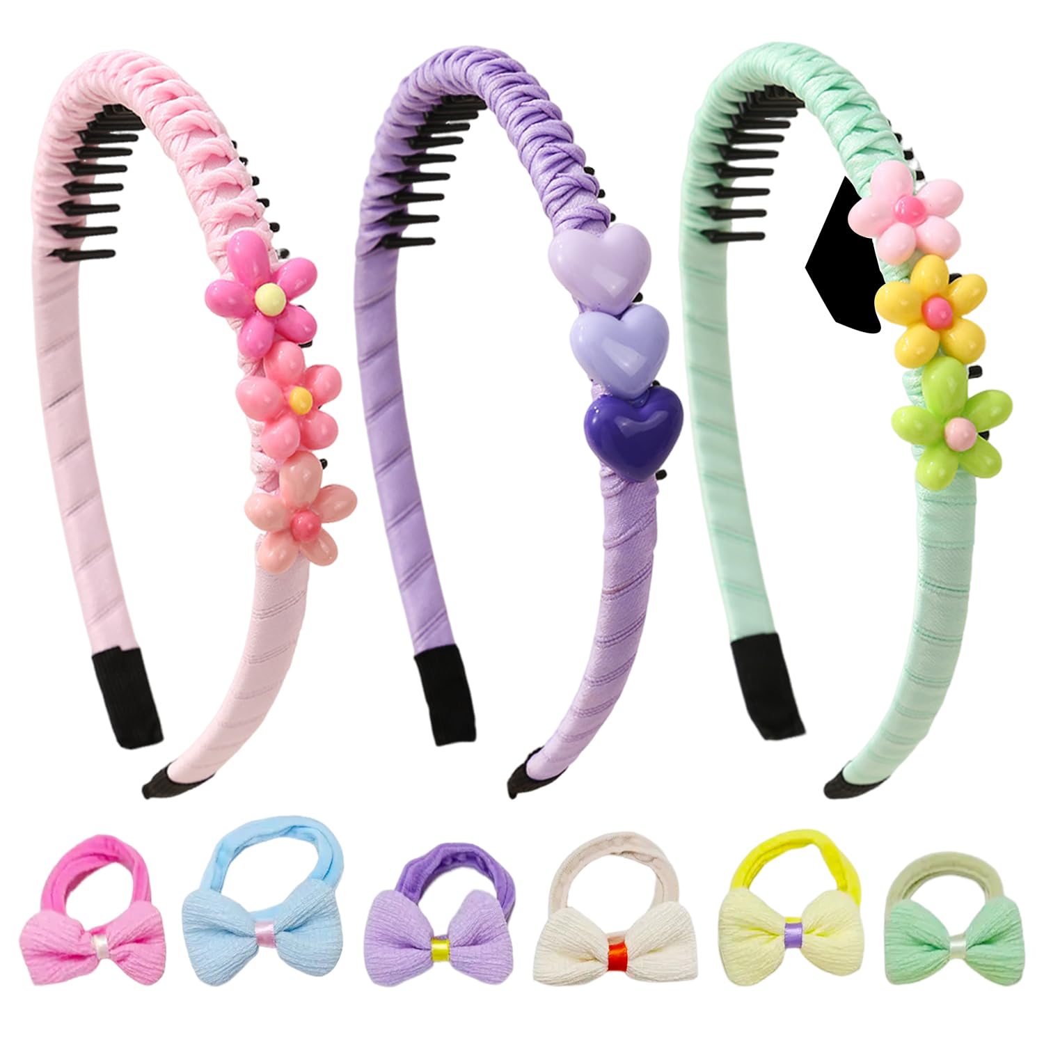 3 Pieces Of Children'S Flower Headbands And 6 Pieces Of Bow Hair Rings, Girls' Hair Accessories, Creative Love Headbands