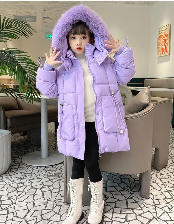Girls' Winter Warm Coat Fleece Lined Long Jacket With Detachable Fur Hood - Image 2