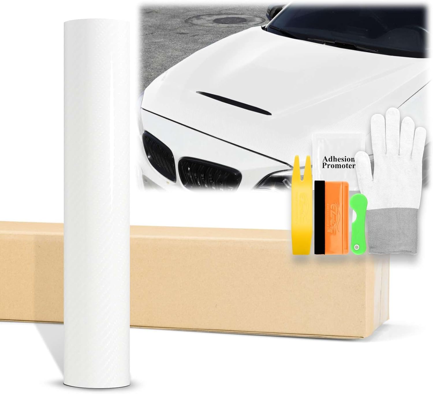 60"x96" (5FTx8FT) 7D Carbon Fiber Textured White High Gloss Vinyl Wrap Auto Car Sticker Decal Film Sheet Bubble Free Air Release Technology with Tool Kit