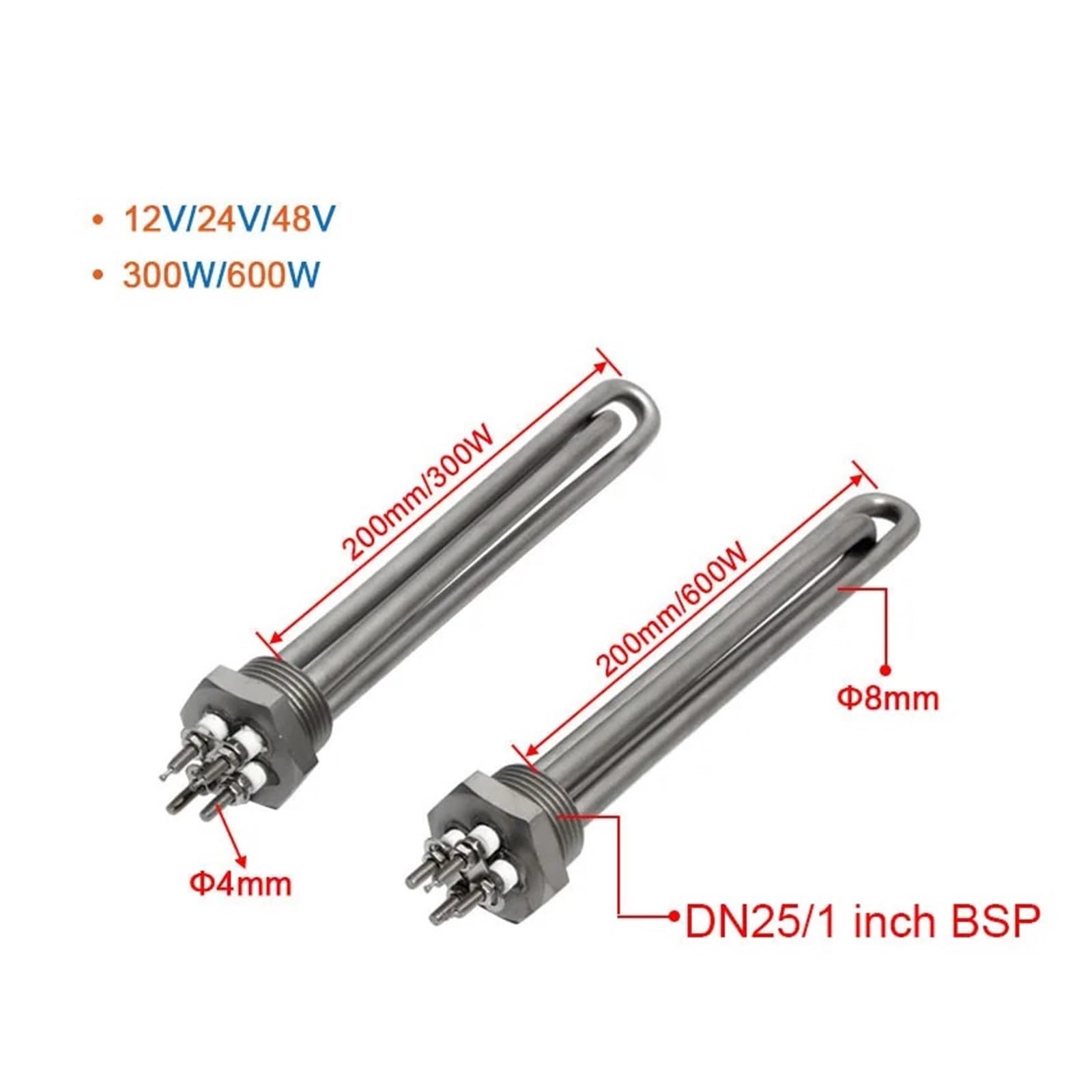 DN25 DC 12V/24V/48V 300W 600W Element Grzewczy Do Podgrzewacza Wody Słonecznej 1-calowe Grzejniki Rurowe Wszystkie Ze Stali Nierdzewnej 304 Szybkie Nagrzewanie(Heater adapter,DC 12V,300W L)