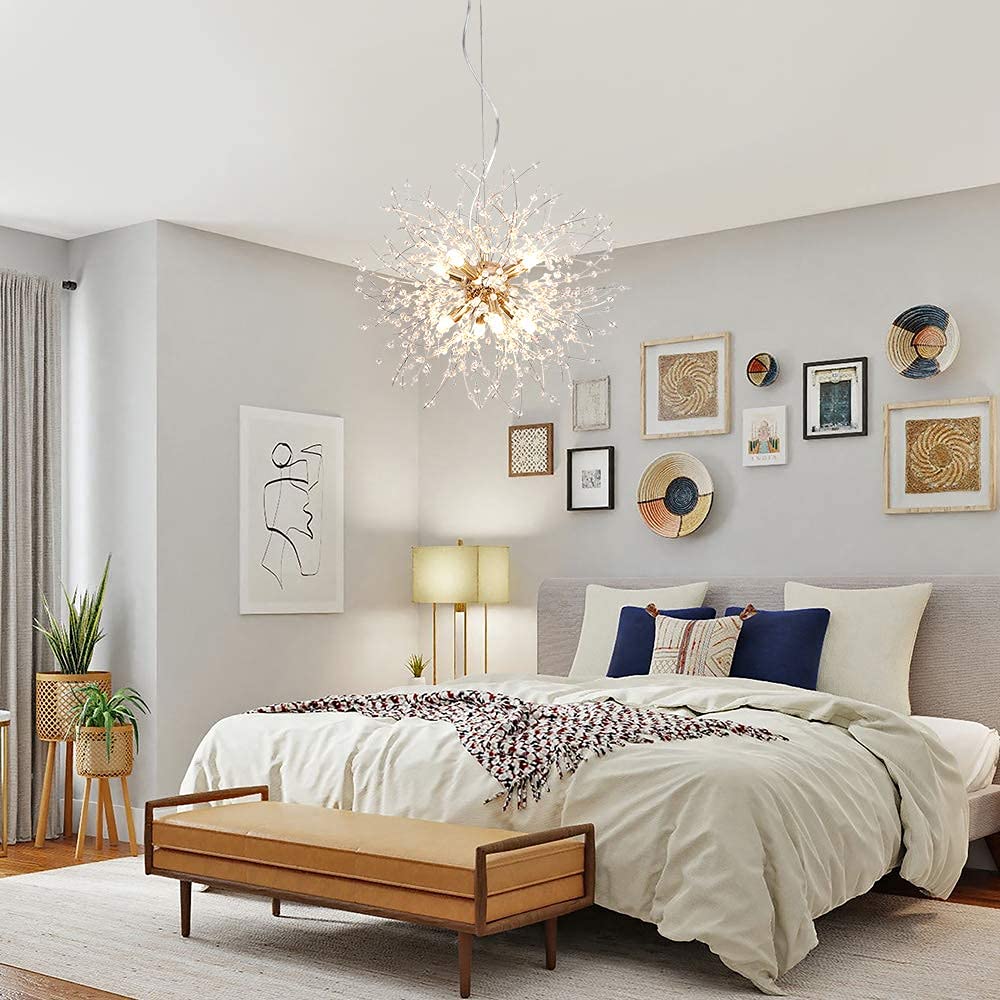 LynPon Lustre Salon Doré Moderne Sputnik Or Suspension Luminaire Feu d'artifice Cristal Plafonnier pour Salle à Manger Chambre (8 lumières, diamètre 15,7'')