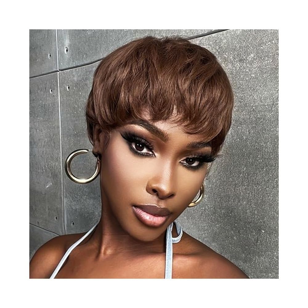 Perruque courte coupe Pixie marron chocolat pour retrouver un volume naturel