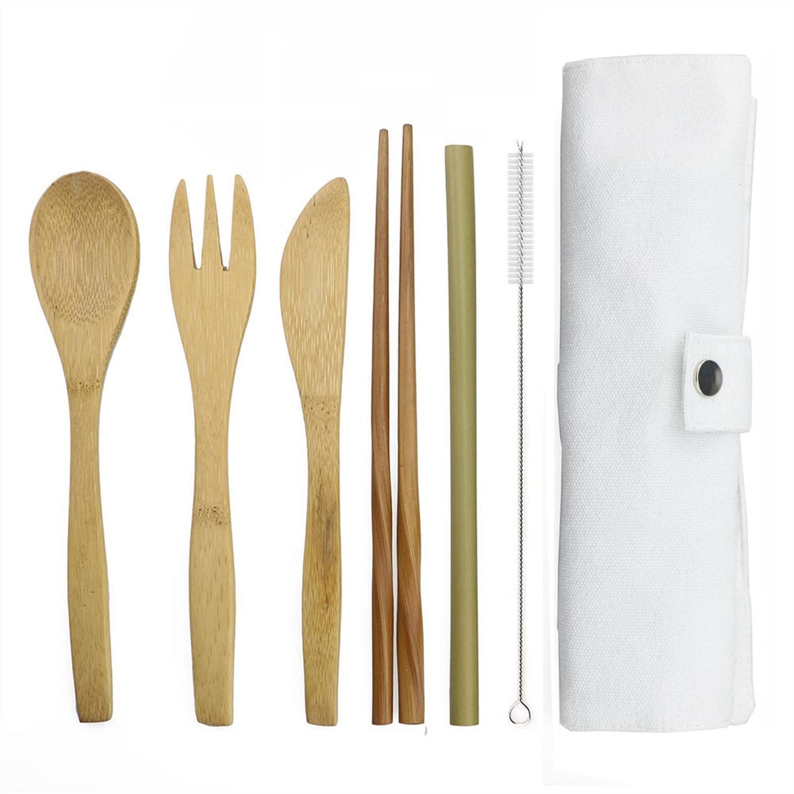 Ensemble de Couverts en Bois de fête 7 pièces avec Couteau, Fourchette, cuillère, Sac en Tissu de Paille de Bambou pour hôtel, Bar, Maison, fête exceptionnelle
