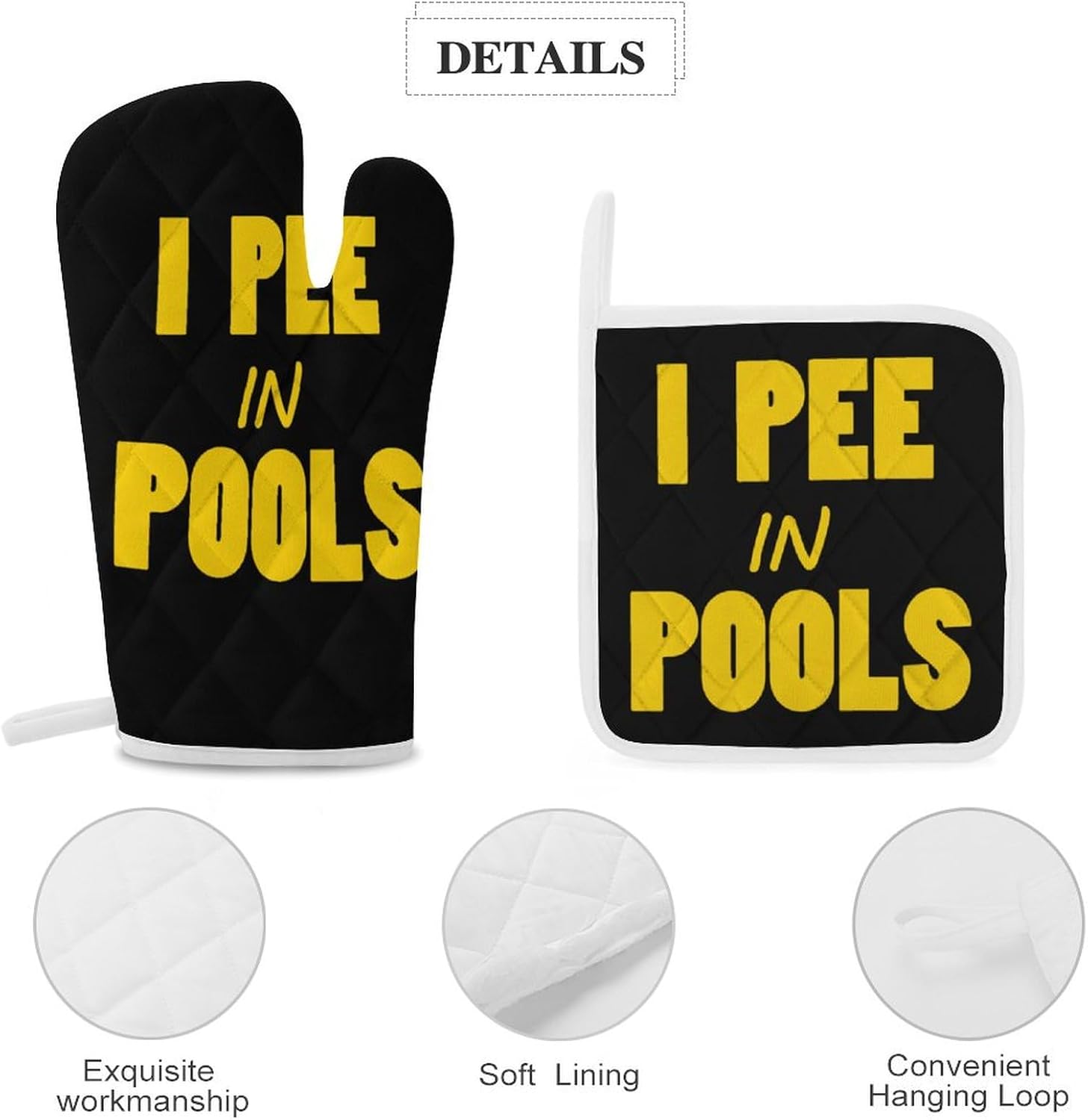 I Pee in Pools Print Oven Mitts and Pot Holders 3 Piece Sets Heat Resistant Gloves Hot Pads Potholders for Kitchen Baking Cooking