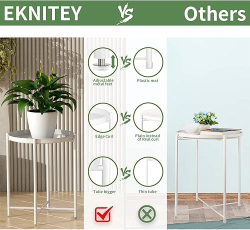 Miniatura 5 de EKNITEY Mesa auxiliar, mesa auxiliar plegable de metal impermeable, pequeña mesa auxiliar con bandeja extraíble para sala de estar, dormitorio,