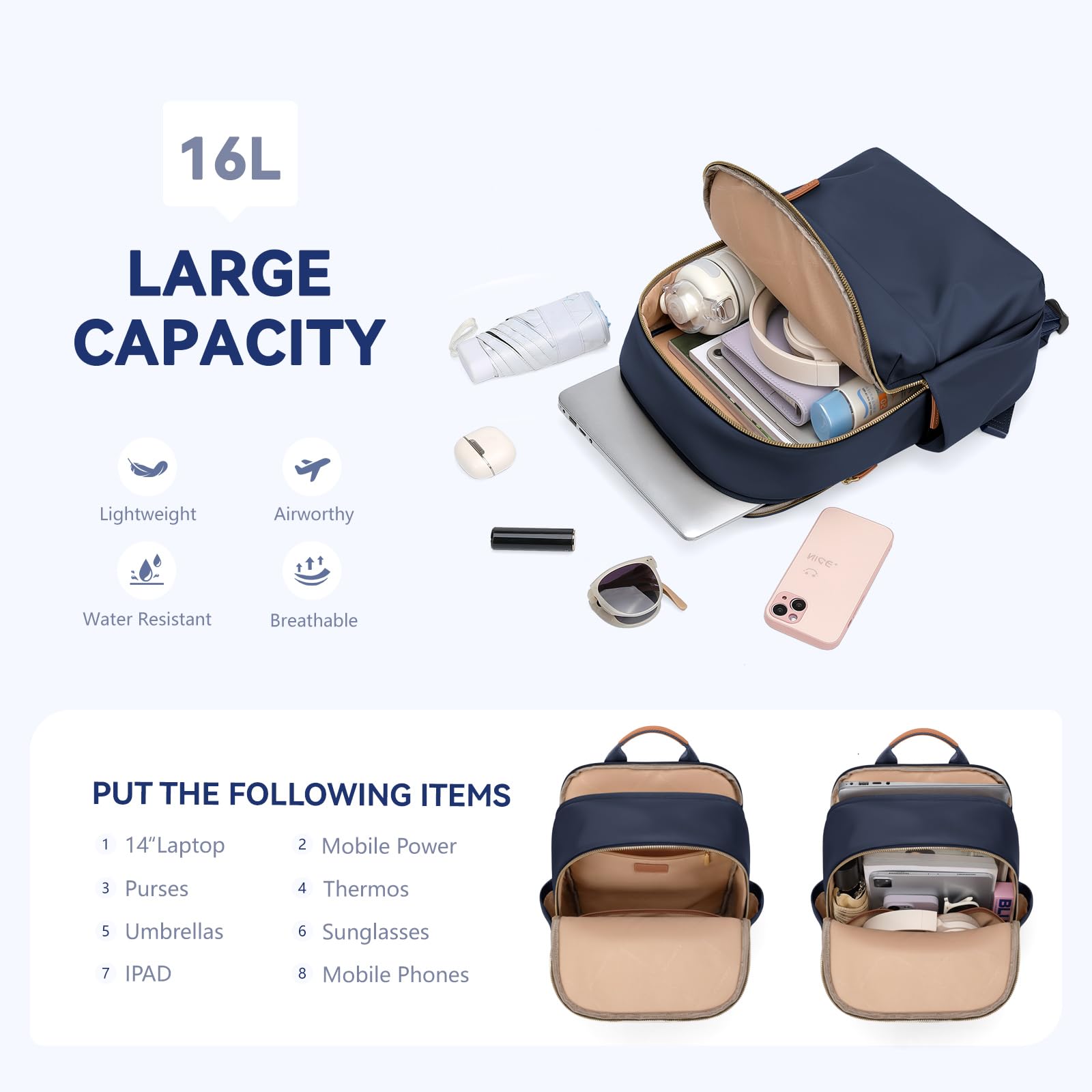 Mochila para Laptop de 14 pulgadas, Elegante Mochila Mujer para el Trabajo, Vajes, Negocios, Azul Marino