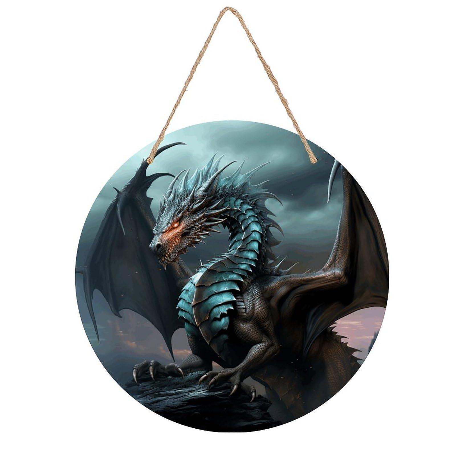 VstaDank Cool Dragon Wooden Wall Art Decor Round Wood Plaque Wooden Door Hanger Sign with Hole And Hanger Rope Trend Wood Decorative Paintings for Home Outdoor Indoor 7.87 Inch
