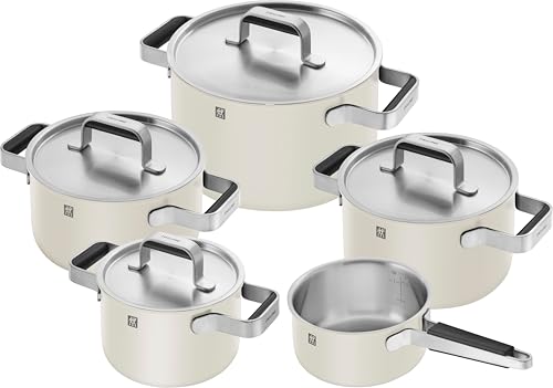 ZWILLING PURE Kochtopfset, 5-tlg, 18/10 Edelstahl, Keramik-Außenbeschichtung, Stay-Cool-Griffe, Spülmaschinengeeignet, Elfenbein-Weiß