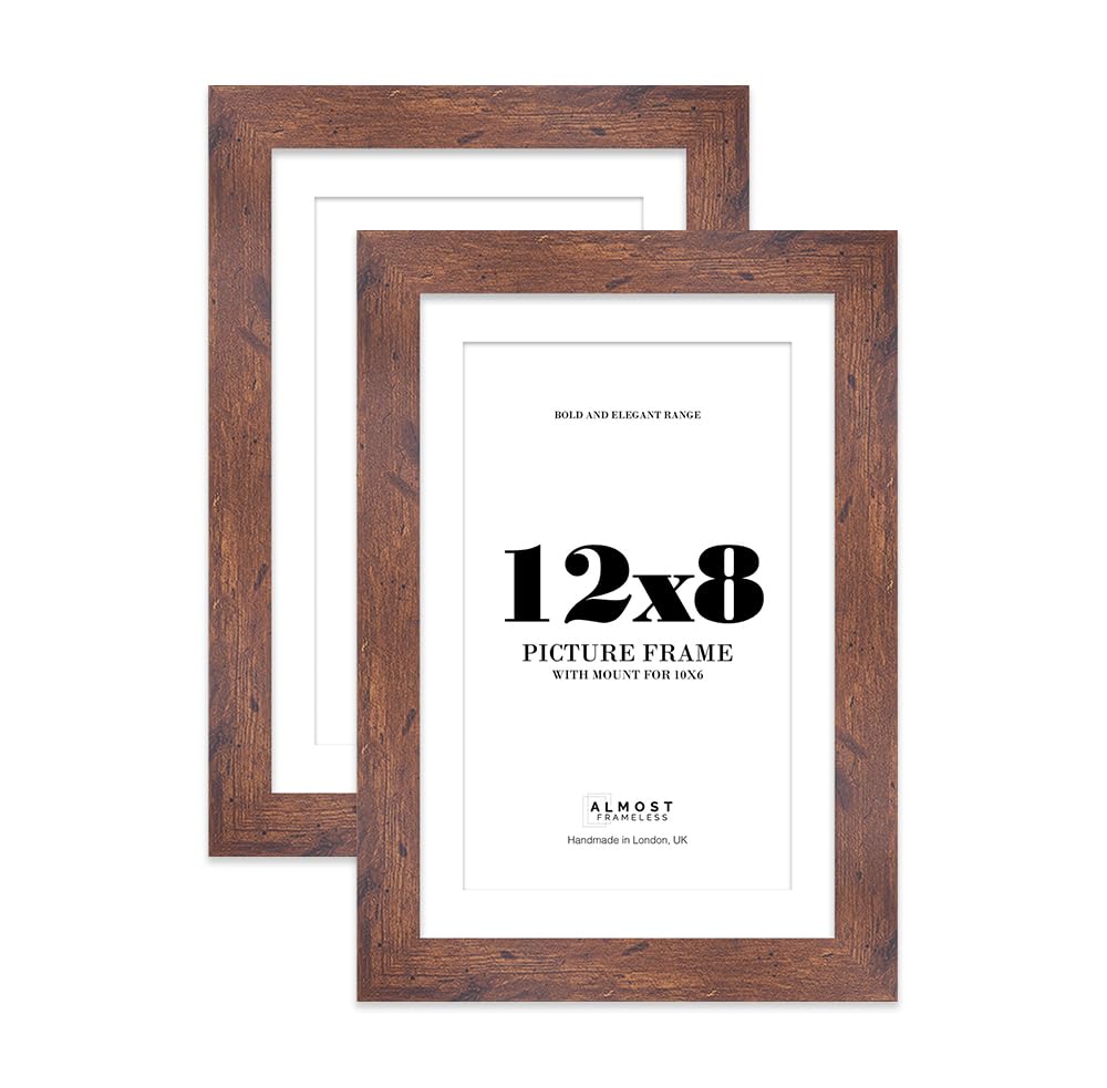 12x8 Rustic Wood Frame With Mount for 10x6 Pictures 28mm Edge Portrait and Landscape Display with Wall Hooks and Kickstand, 2 Pack