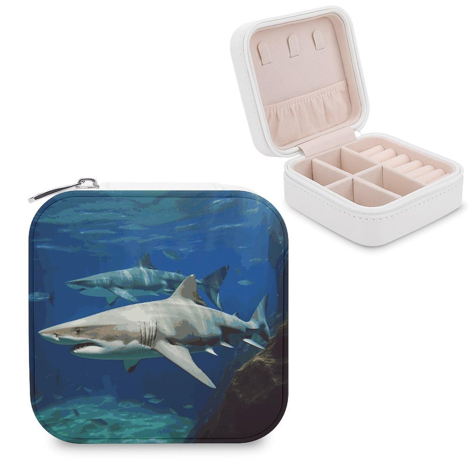 MUSM Two White Sharks Travel Jewelry Case Personalized PU Leather Jewelry Boxes for Women Small Portable Jewelry Organizer Box Cute Trinket Box for Necklaces Rings Earrings & Gifts