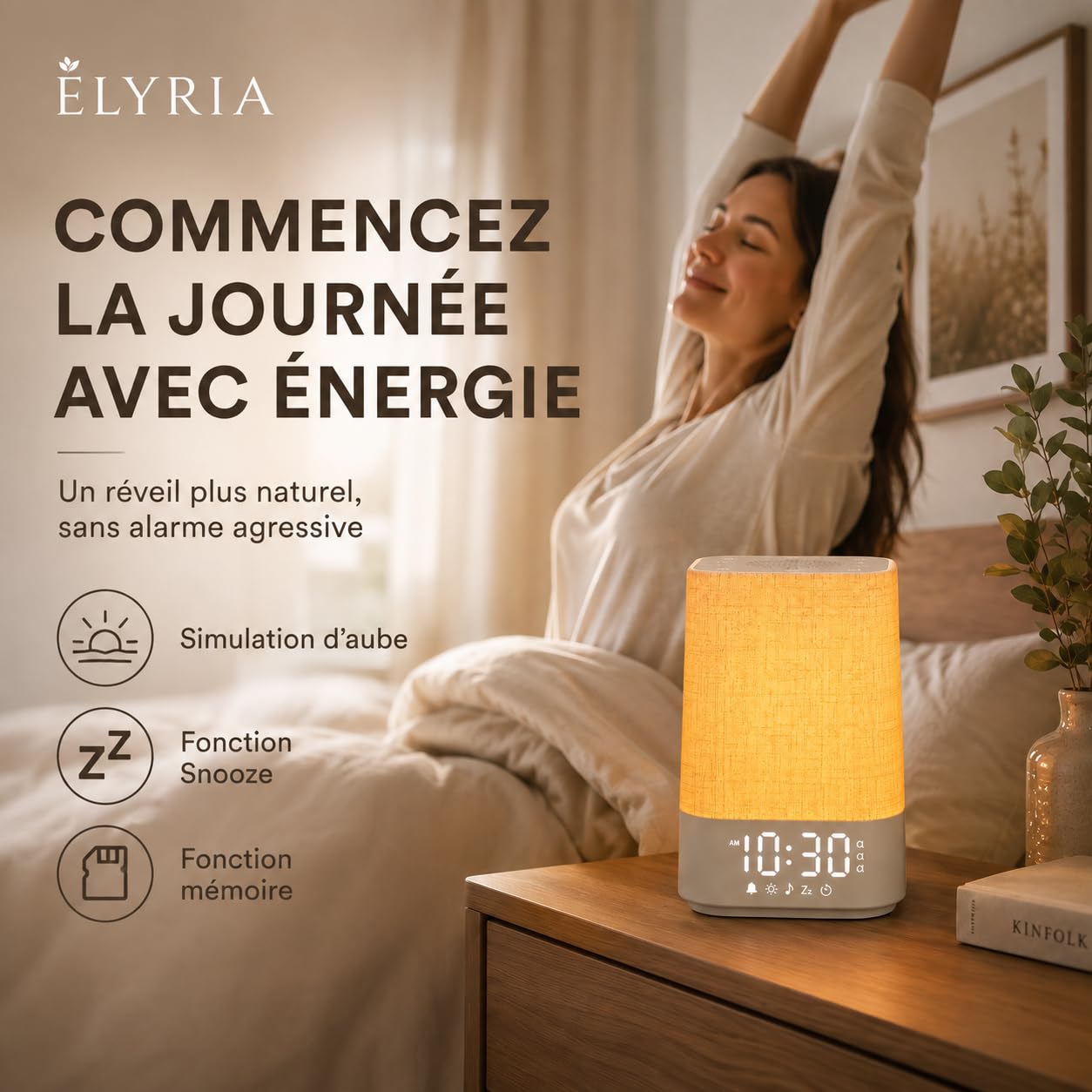 Réveil Lumineux Simulateur d'Aube, Réveil Lever de Soleil avec 30 Sons Relaxants, Lampe de Chevet LED, 13 Modes Veilleuse, Réveil Digital avec USB, Fonction Mémoire, Adaptateur Inclus