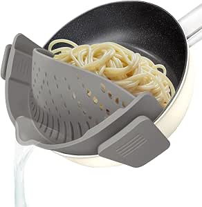 YEVIOR Clip on Strainer for Pots Pan Pasta, Silicone Food Strainer Hands-Free Pan Strainer, Clip-on Kitchen Food Strainer for Spaghetti, Pasta, Ground Beef Fits All Bowls and Pots (Grey)