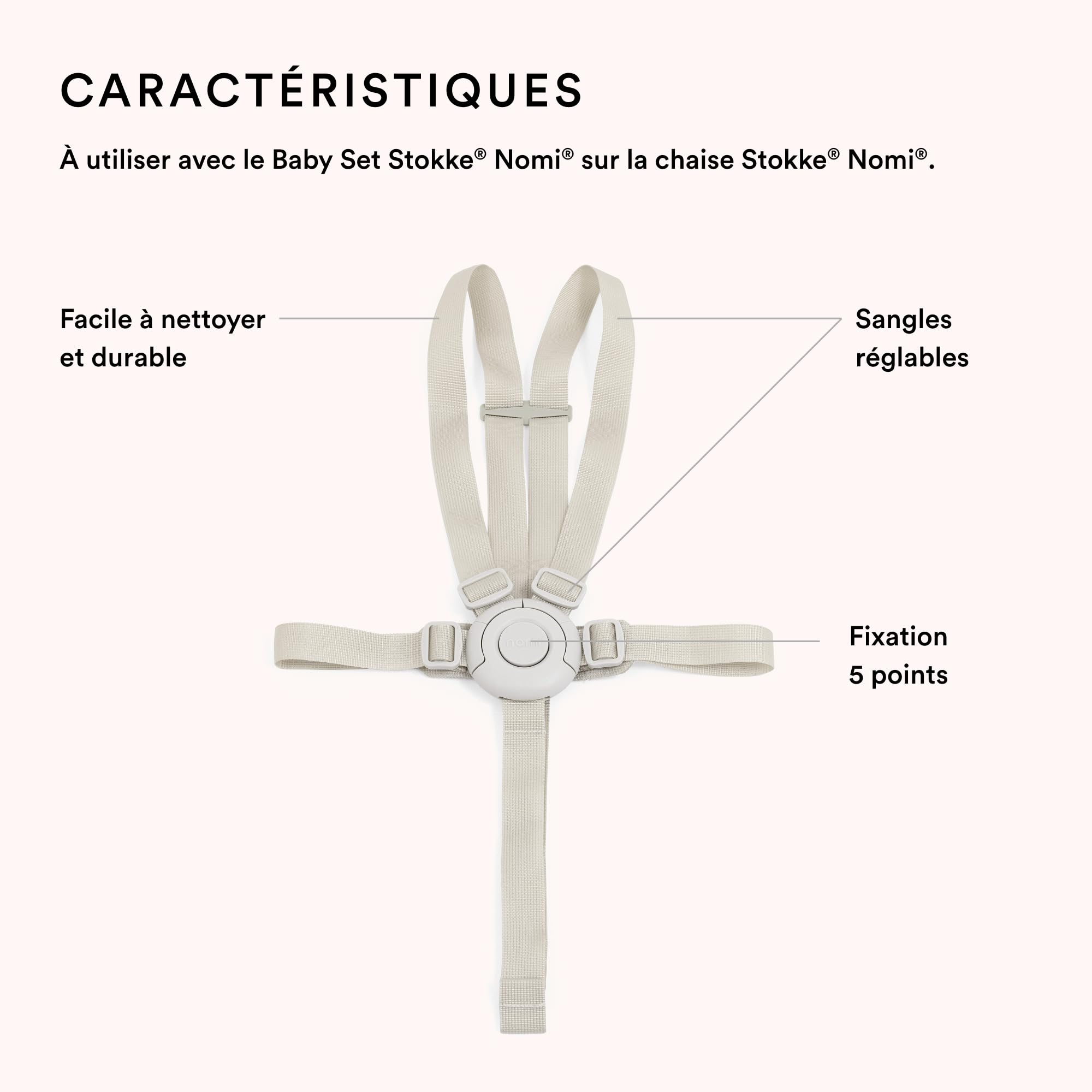 Harnais Stokke pour Nomi, beige - Pour utilisation sur le kit bébé Nomi - facilement ajustable, lavable en machine