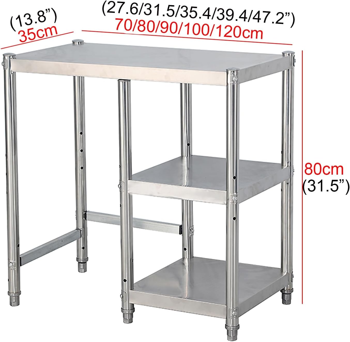 Commercial 3-Tier Combine Workbench Stainless Steel Kitchen Storage Rack Worktable Metal Prep Table with Adjustable Feet Easy Installation for Factory Packaging Platforms(70x35x80cm/27.6x13.8x31.5”)