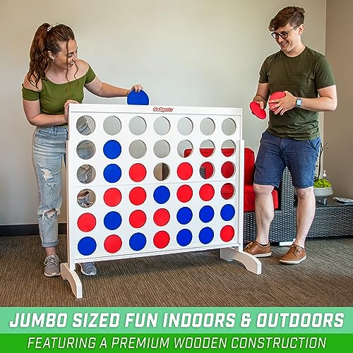 Image of GoSports 4 Foot Giant Wooden 4-in-a-Row Connect Game - Jumbo Party Size with Heavy-Duty Coins - Easy Setup and Portable Design for Indoor and Outdoor Yard Game for Adults