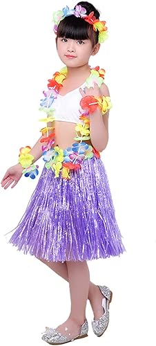 Miniatura 2 de 5 piezas de falda hawaiana de hierba hula para niñas con disfraz de flores para fiesta luau kit de accesorios de baile para niños