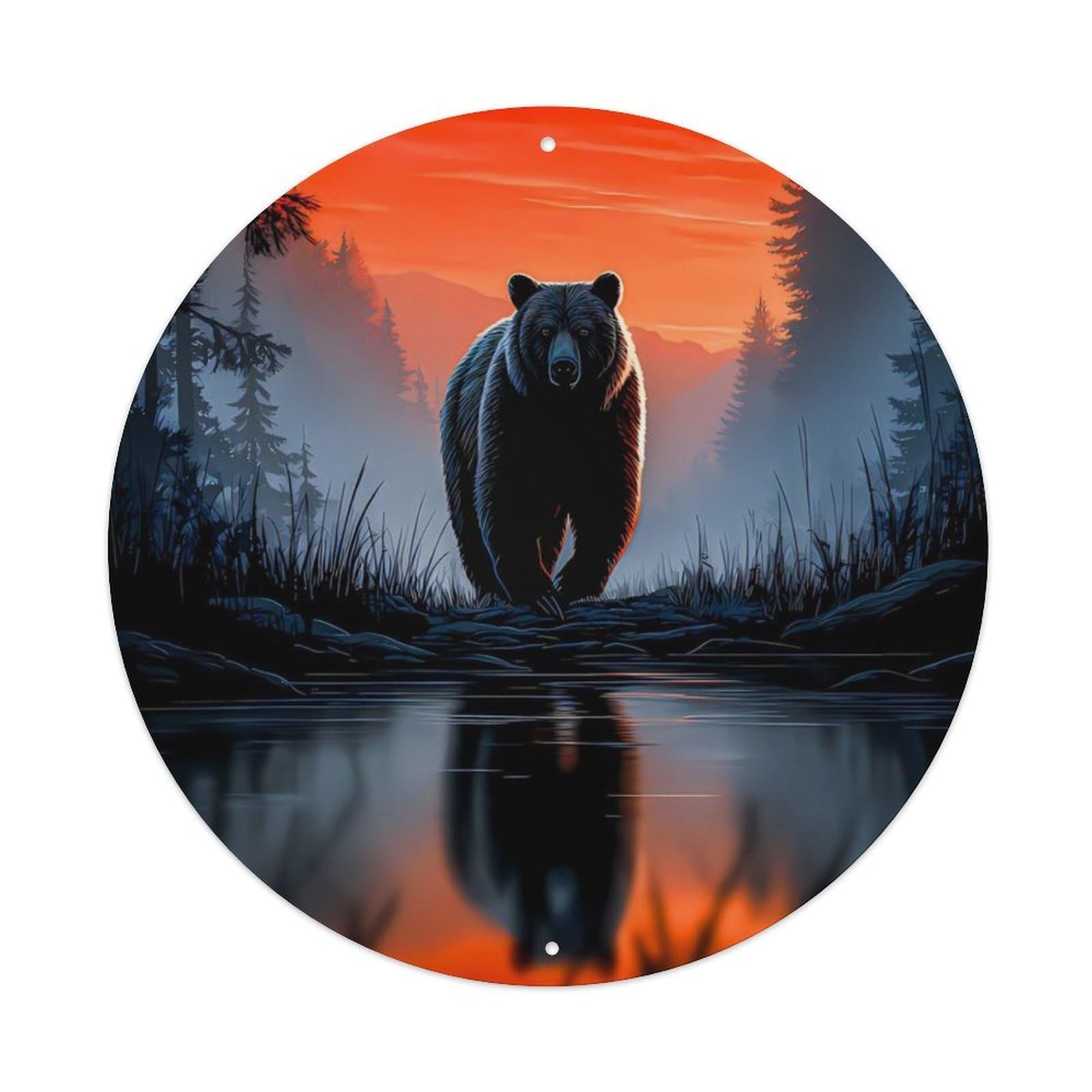 Animal Brown Bear Wild Forest Sunset Landscape Vintage Metal Tin Sign Plaque Wall Decor for Cafe, Club Bar, Office, Garden Metal Poster 8x8Inch