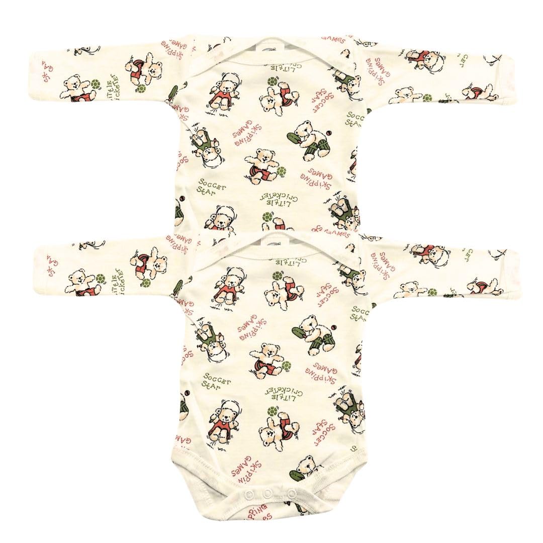 Junior Joy – 2 Pack Baby Cream Printed Bodysuits for Premature Babies, Envelope Neck, Long Sleeves, 100% Cotton, Popper Fastening for Easy Nappy Changes