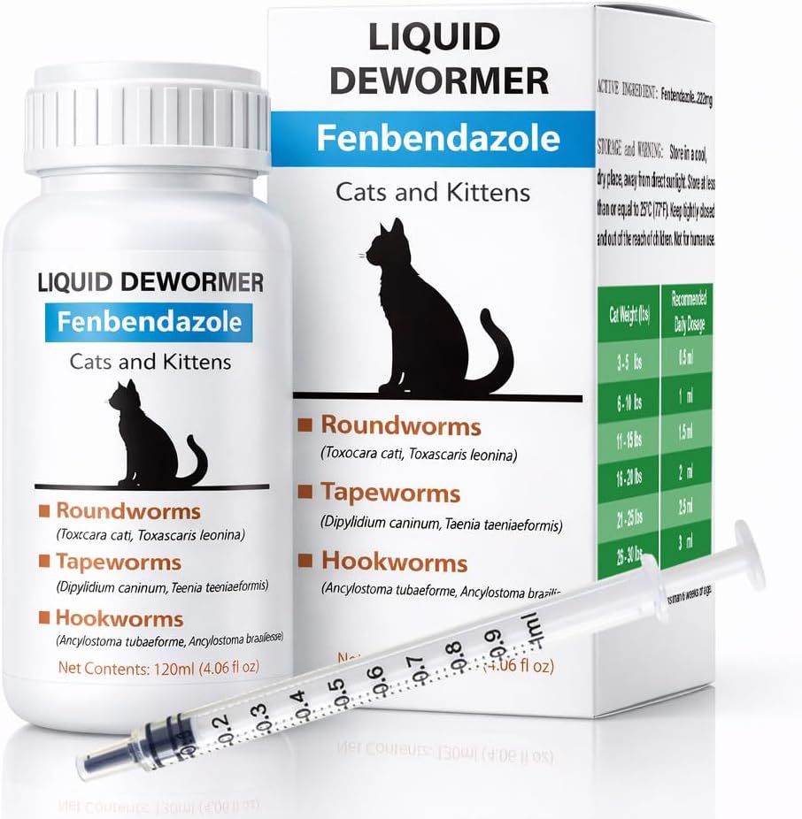 Fenbendazole Liquid Dewormer for Cats & Kittens, Treat Tapeworms, Roundworms & Hookworms - 4.06 oz, 120ml