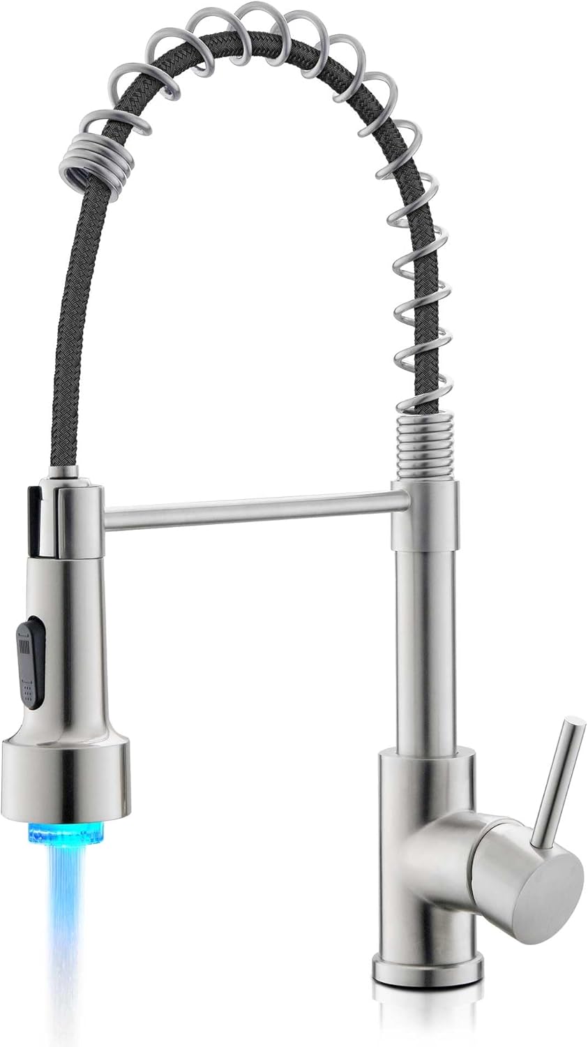 LUFEIDRA Kitchen Faucet with Sprayer LED Light, High Arc Spring 304 Stainless Steel Single Handle LED Faucets, Kitchen Sink Faucet for Bar Sink Rv, Brushed Nickel