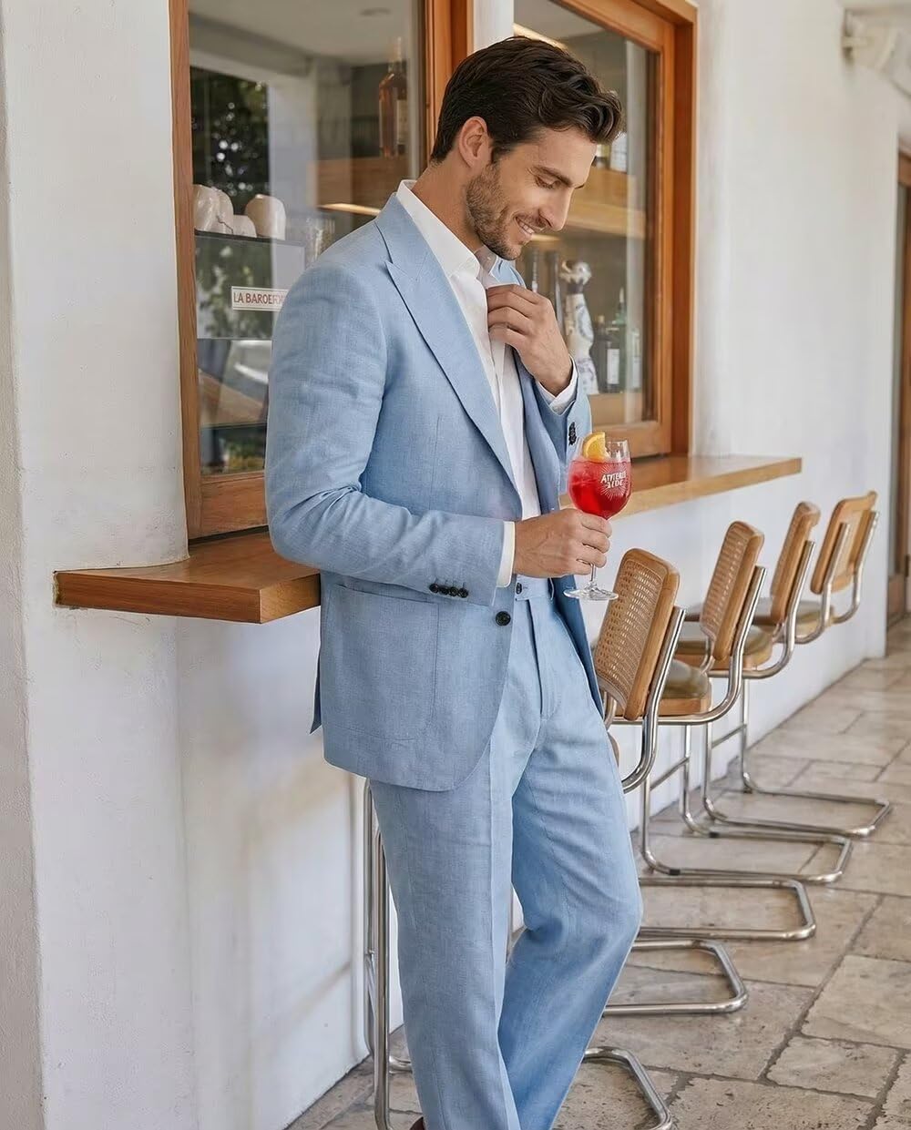 Mens Linen Suit 2 Piece Slim Fit Casual Lightweight Suits for Beach Wedding Peak Lapel Jacket Pants Set