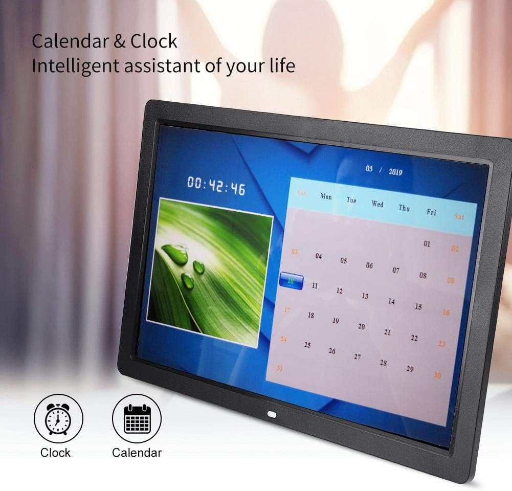 Digital photo frame displaying a calendar for the month of March 2019 and a digital clock, with icons for Clock and Calendar below.