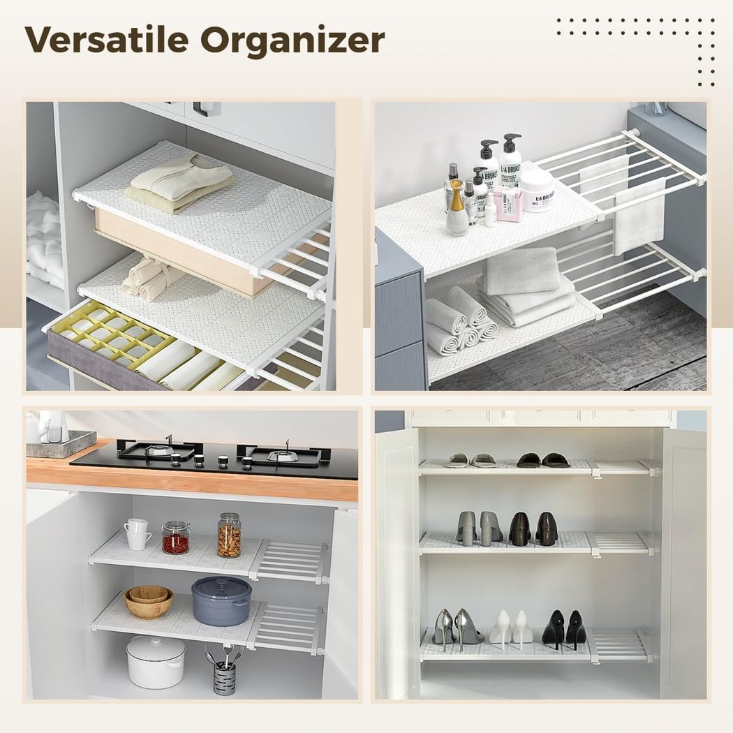 Adjustable Shelf for Closet, Retractable Cupboard Storage Organizer, Expandable Closet Tension Rod, Space Saving Divider Rack for Cabinet, Wardrobe, Kitchen, Bedroom, Bathroom