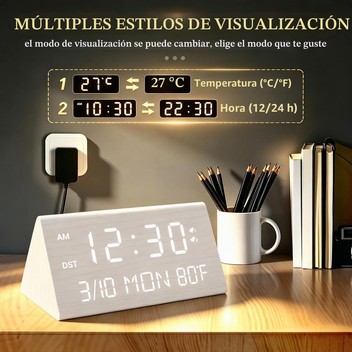 Kogonee Reloj despertador digital de madera, 0100% de brillo y volumen, detección de temperatura, fecha, modo de día de semanafin de semana, doble alarma, 9 minutos de repetición, 1224H, reloj LED