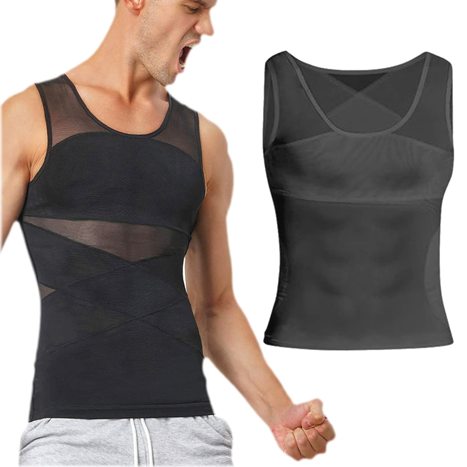 QISNGGfouk Gkty Gynecomastia Compress Tank Top, Men's Compression Tank Top, Black, M/L/XL/XX/XXXL