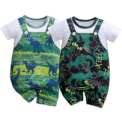Image of IURNXB 2-Pack Baby Boys Girls Romper Dinosaur Unisex Newborn Onesie Cartoon Print Short Sleeve Summer Clothes 1-18 Months
