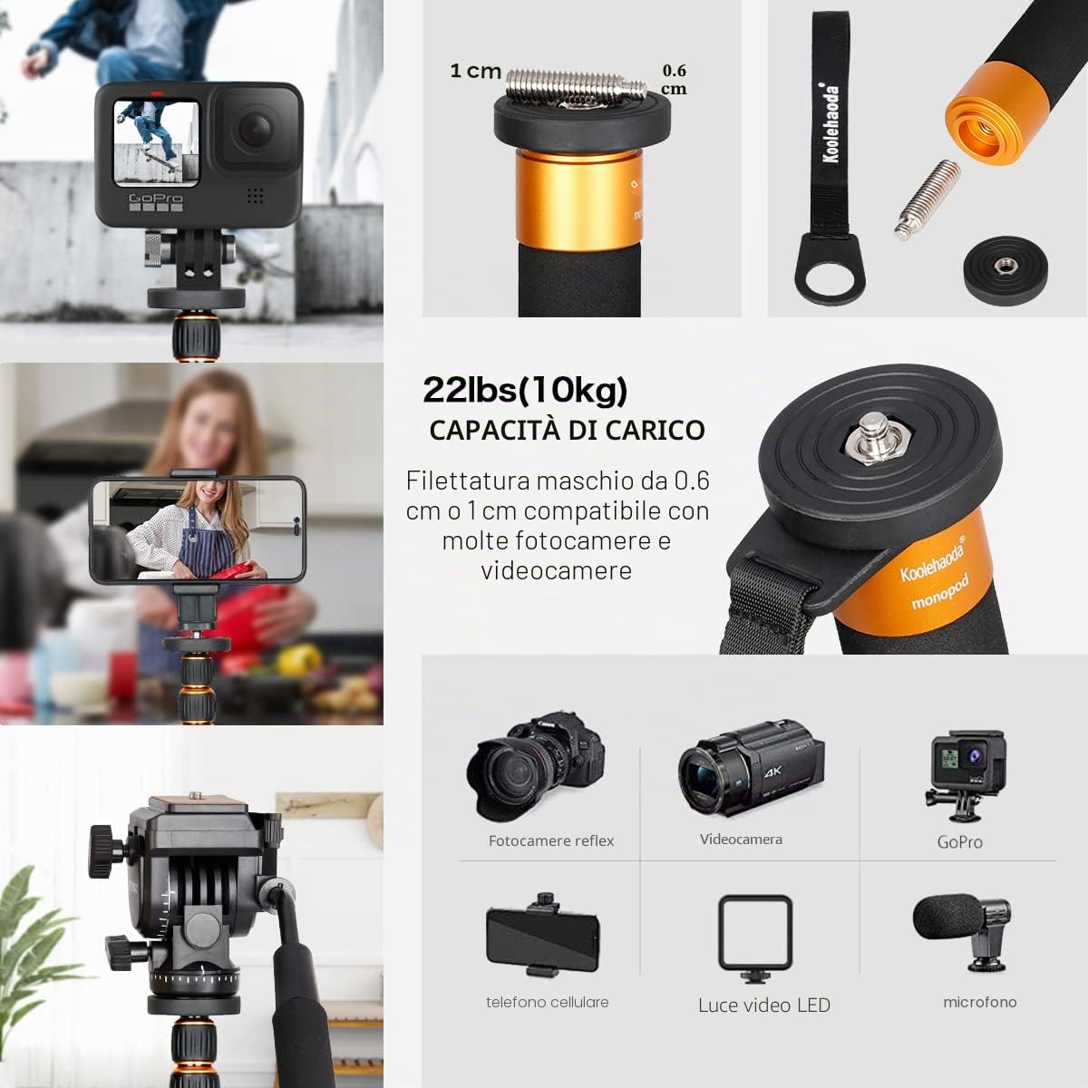 Koolehaoda Fotocamera monopiede con base treppiede in metallo, 6 sezioni altezza regolabile 46-177cm, diametro gamba Φ28 mm per DSLR Videocamera DV Fotografia Carico Max 6 kg