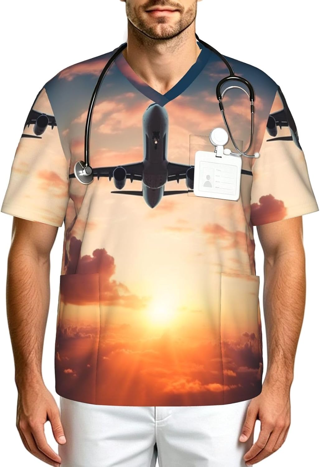 Professional Scrub Tops for Men, Classic V-Neck Workwear with 3 Pockets