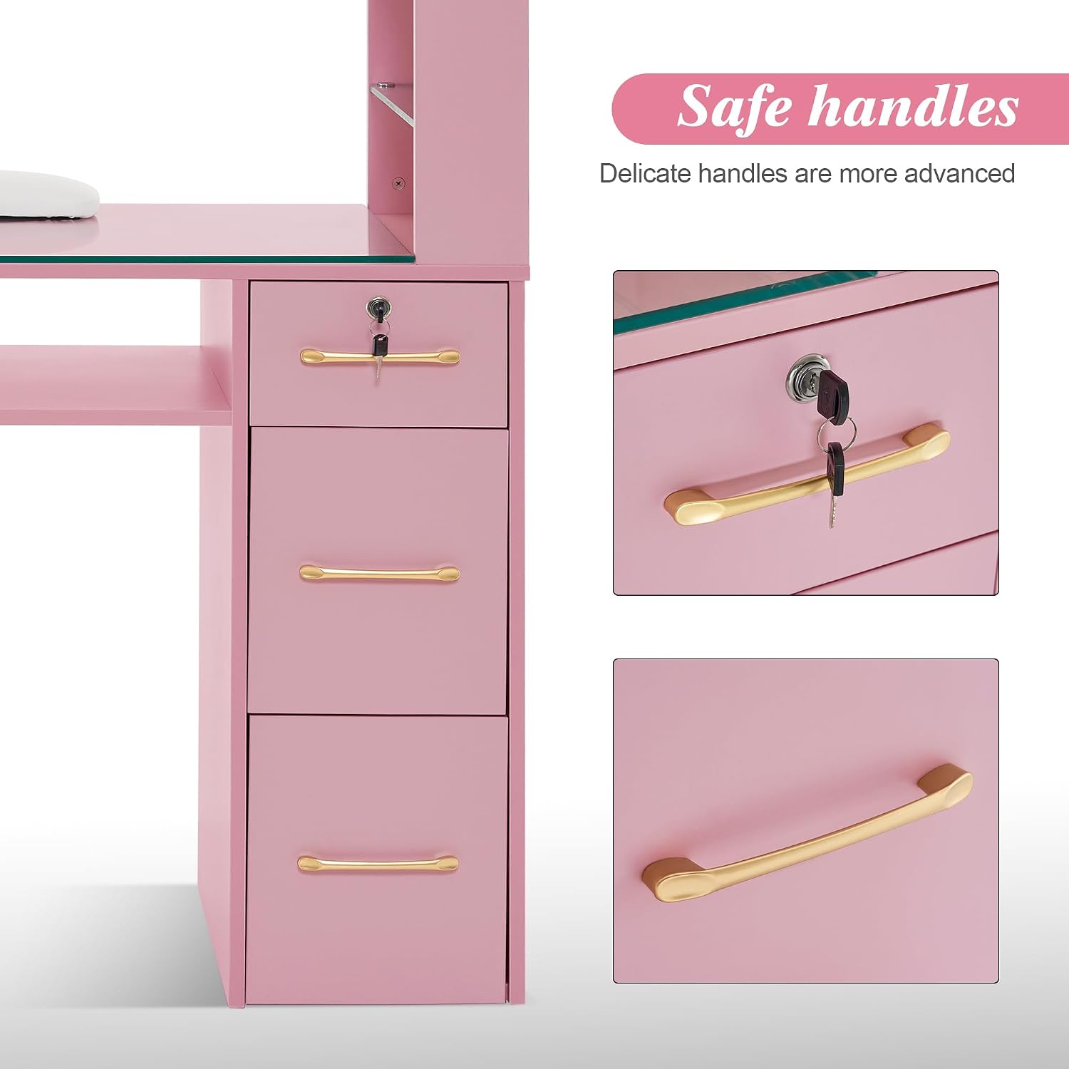 BarberPub Manicure Table with Drawers, Storage Shelves Spa Beauty Salon Station Nail Desk 2673 (Pink)