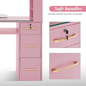 BarberPub Storage Nail Desk with Lockable Drawer, Glass Top & Shelves 2673