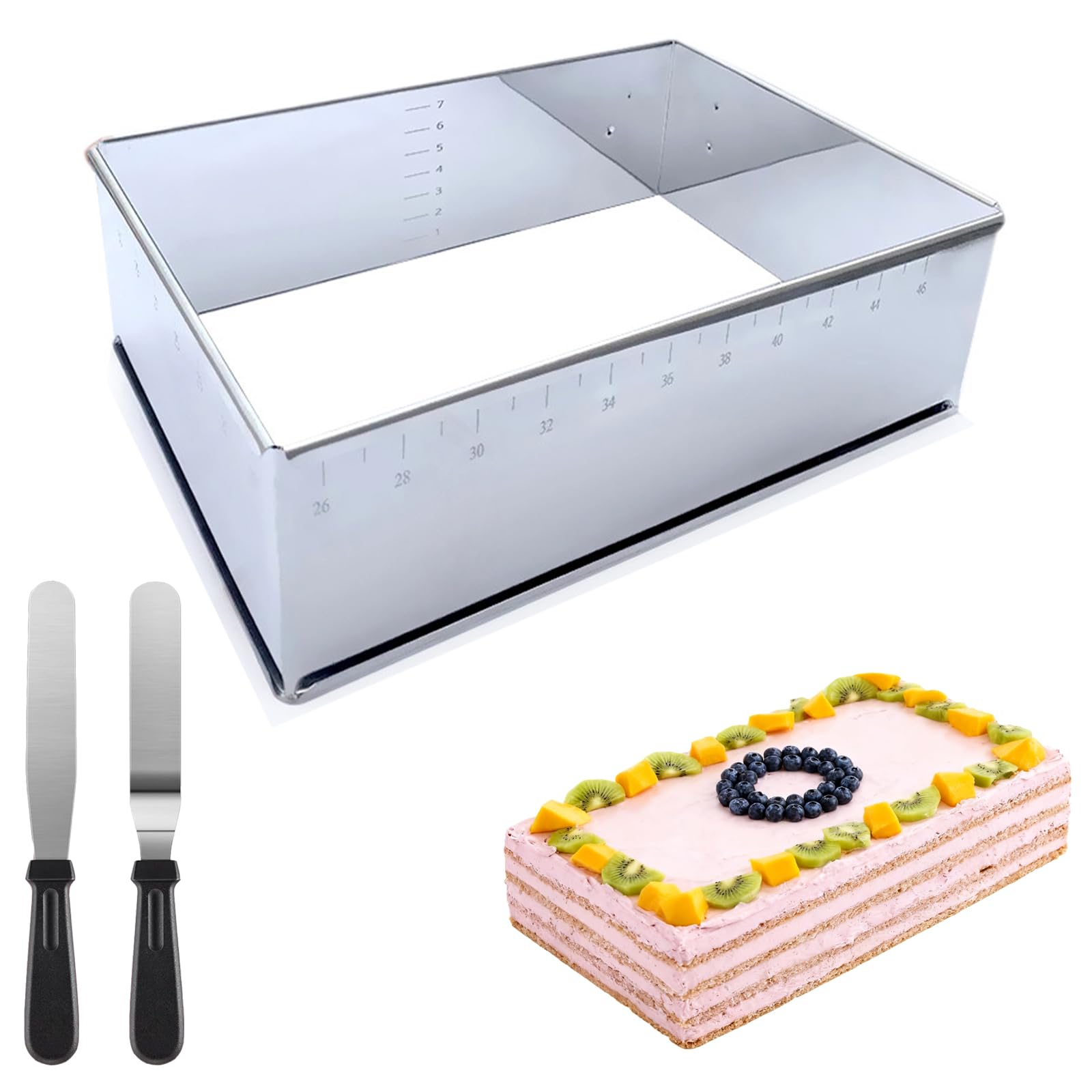 FULUDM Rectangular Adjustable Baking Frame - 8cm Stainless Steel Cake Ring Mold Square Expandable with Spatula for DIY Cakes Baking (18-34cm x 25-47cm)