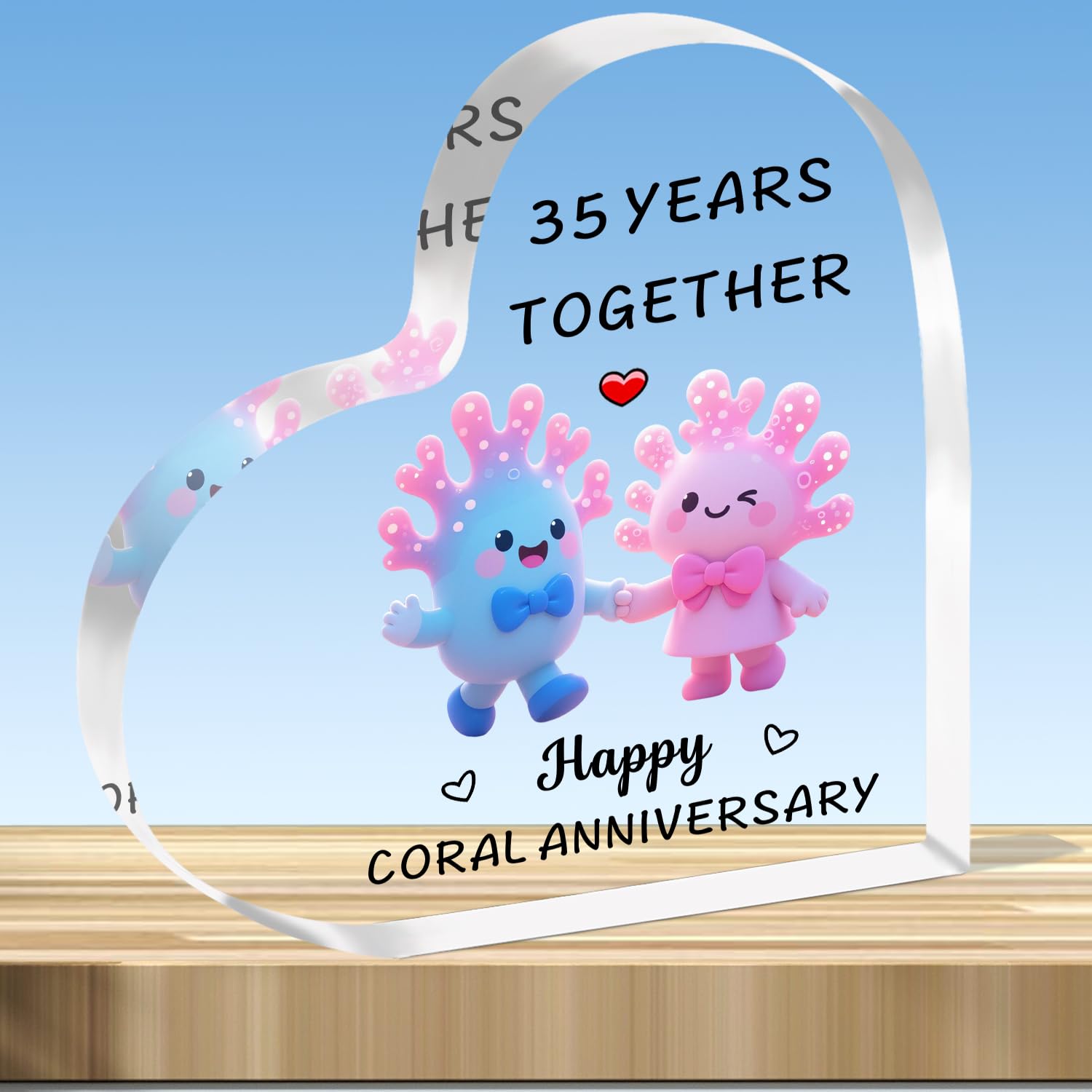 JMIMO 35th Wedding Anniversary Plaque Gifts 35 Years Together - Happy Coral Anniversary Heart Shaped Acrylic Plaque for Couple Wife Husband