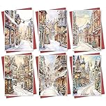 Christmas Cards Boxed | 30 Pack Xmas Cards Multipack | 6 Unique Traditional Vintage Winter Street Scene Designs Retro Festive Seasons Greetings For Friends Family