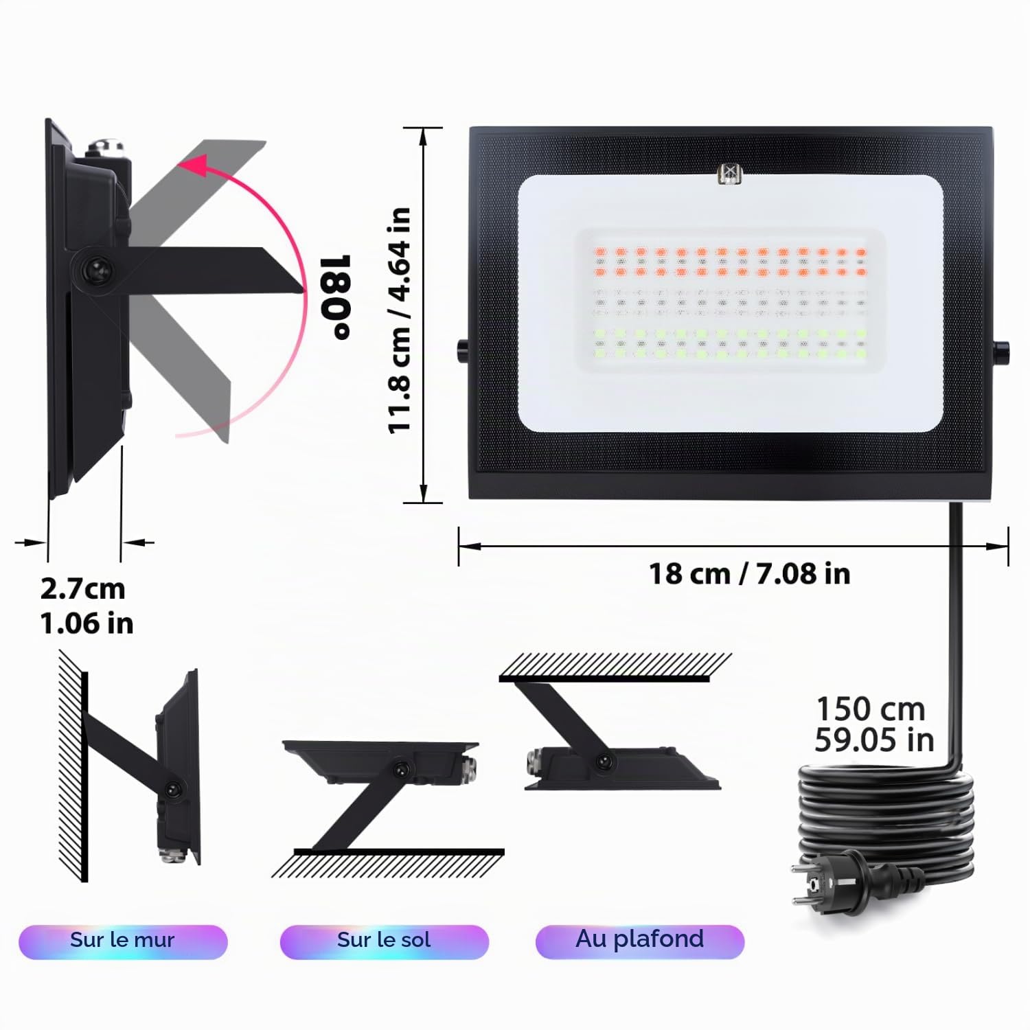 Aigostar - Projecteur LED RGB d’extérieur de 50W,6 Modes Stroboscopiques,Mode DIY, Minuterie.Projecteur led avec Prise et Étanchéité IP65 pour jardin, Câble de 1,5 m,2 Pièces