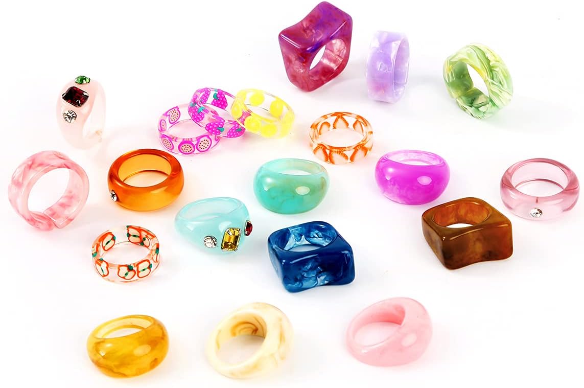 20 Pcs Acrylic Cute Trendy Colorful Rhinestone Stackable Chunky Rings for Women